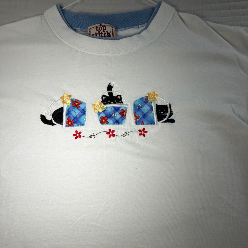 Top Stitch Morning Sun T-Shirt Women XL White Blue Cat Teacup Vintage Embroidery